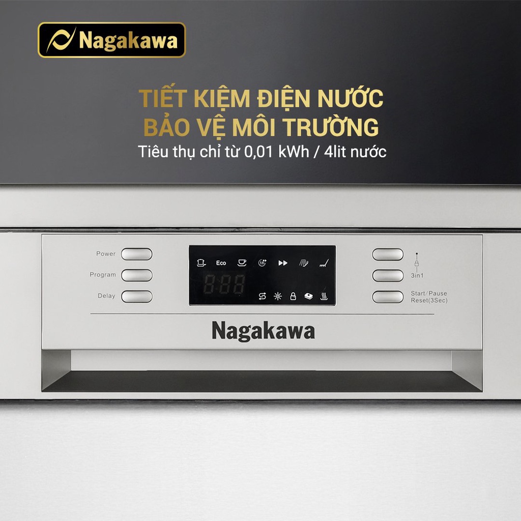 Máy rửa bát 14 bộ cao cấp Nagakawa NAG3602M14 - Bảo hành tại nhà 2 năm - Made in Malaysia