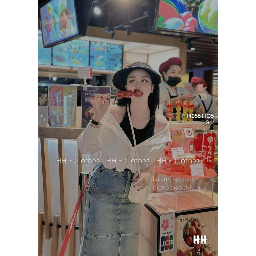 Set áo sơ mi trắng form croptop phối áo đen ba lỗ!