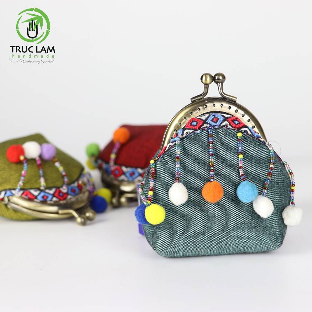 Ví Xu Mini Ví Cầm Tay Khóa Nẹp Đồng Gắn Quả Bông Vải Dệt Thô Phương La Thái Bình - Trúc Lâm Handmade