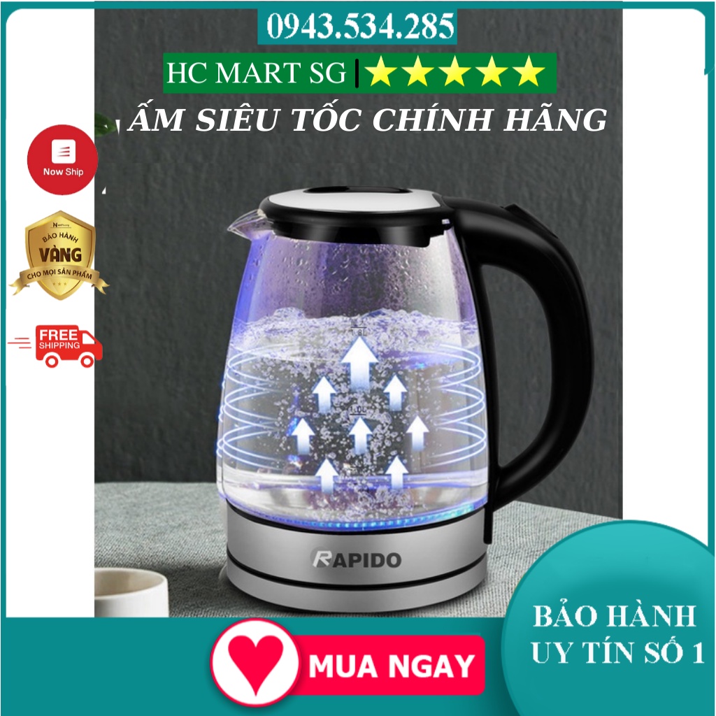 Ấm Điện Siêu Tốc, Ấm Siêu Tốc Thủy Tinh RAPIDO 1.8L Thiết Kế Hiện Đại Trong Suốt Đun Nước Siêu Nhanh Có Đèn LED Khi Sôi