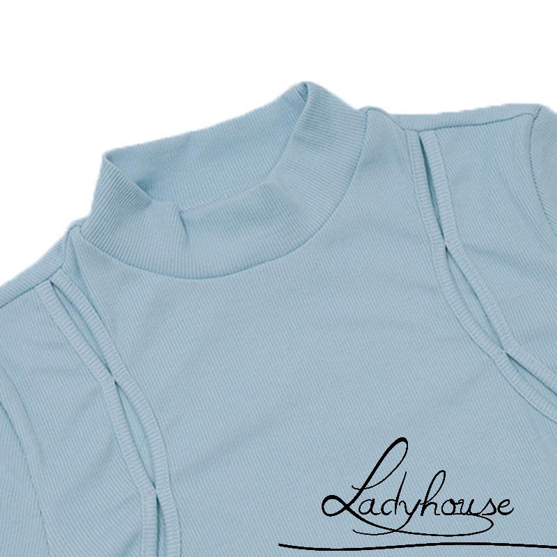 Áo Thun Dài Tay Cổ Cao Cắt Xẻ Màu Trơn Đơn Giản Dành Cho Nữ