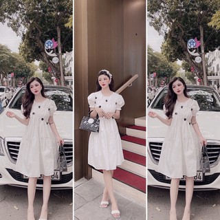 V403 váy babydoll trắng tay bồng đính hoa đen