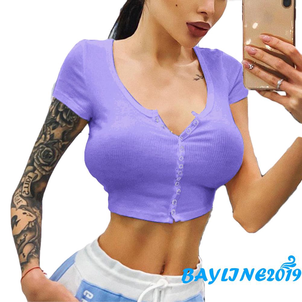 Áo Croptop Tay Ngắn Màu Trơn Phối Nút Thời Trang Mùa Hè Cho Nữ