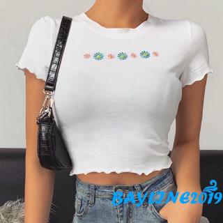 Áo thun ngắn tay thêu hoa thời trang nữ xinh xắn