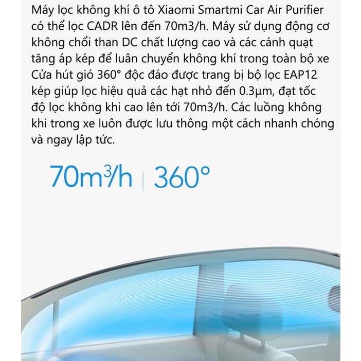 Máy lọc không khí ô tô Xiaomi Smartmi Car Air Purifier- Động cơ không chổi than DC, chính hãng, bảo hành 12 tháng