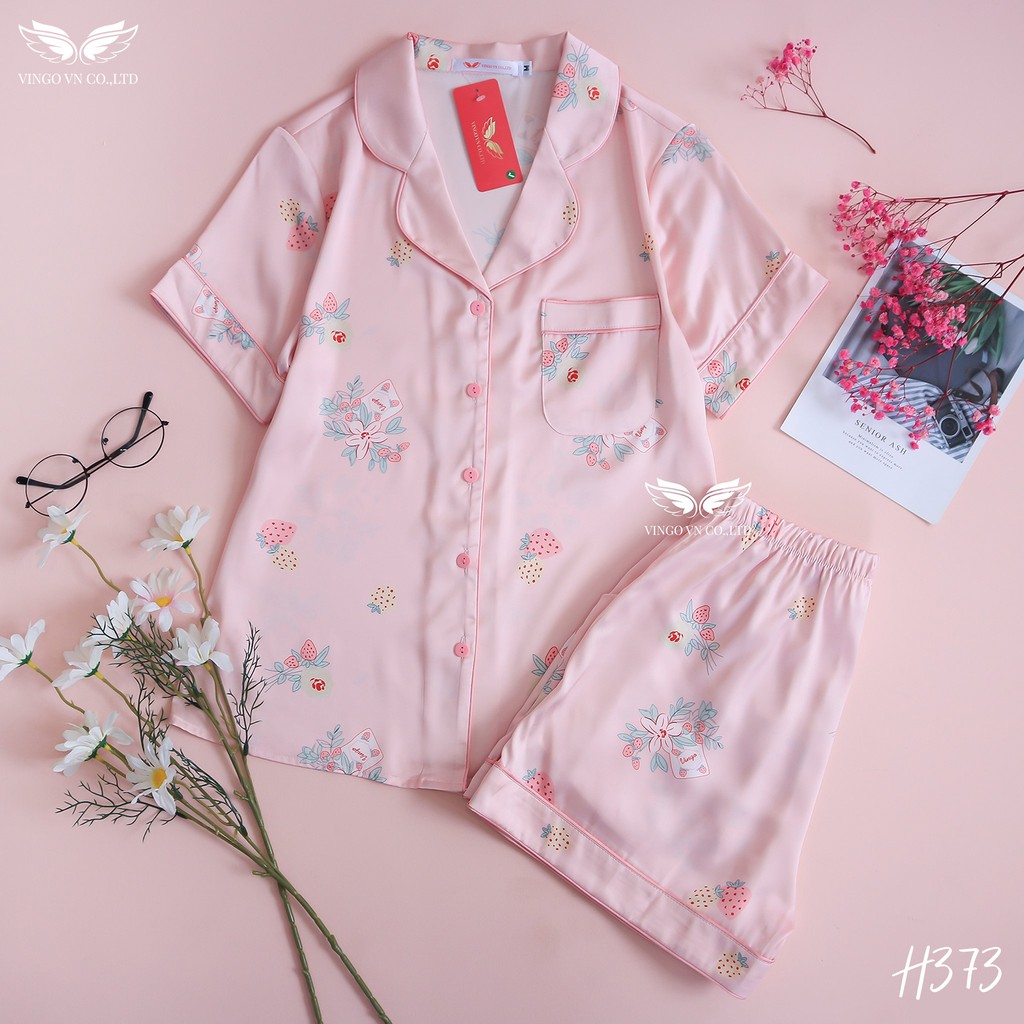 [Mã WABRVG156 giảm 10% đơn từ 99K]Bộ Đồ Kiểu Dáng Pyjama VINGO Liệu Lụa Pháp Tay Cộc Quần Cộc Hồng Phấn H373 VNGO