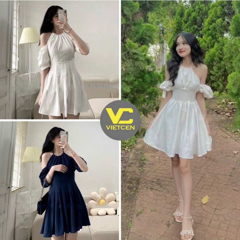 Váy Cổ Yếm Nữ Dáng Xòe Đầm Trễ Vai Tiểu Thư Vintage 2 Màu Đen TrắngUlzzang Dễ Thương  - VIETCEN