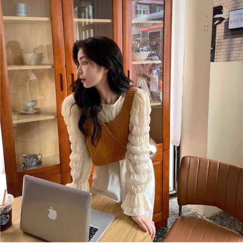 Set áo dây len và sơ mi nhún