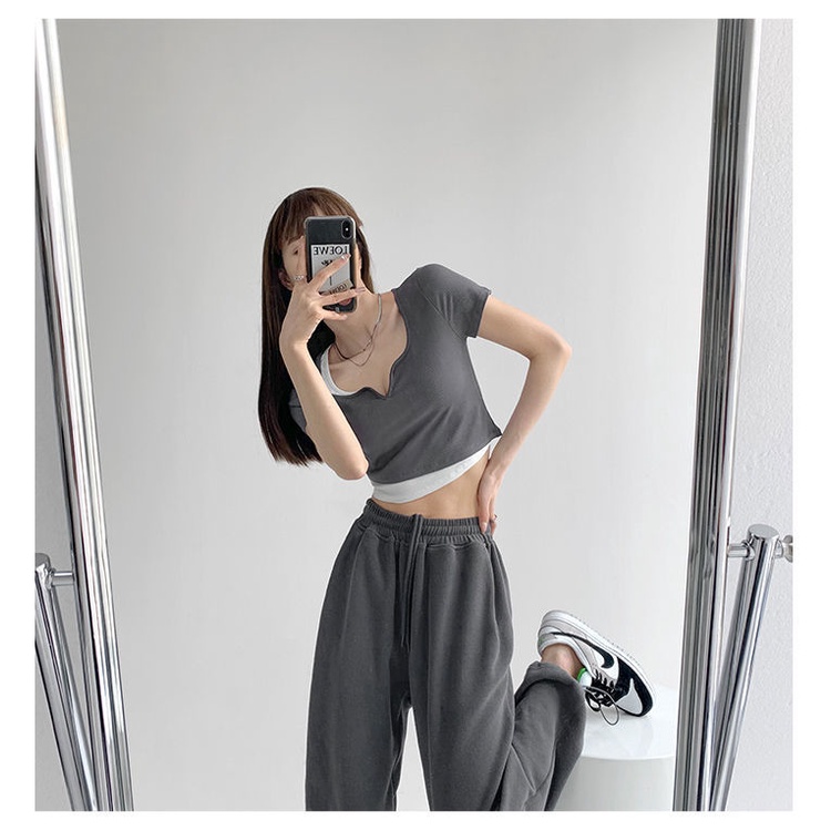 Áo Thun Ngắn Tay Giả Hai Lớp Phong Cách Đường Phố Cho Nữ