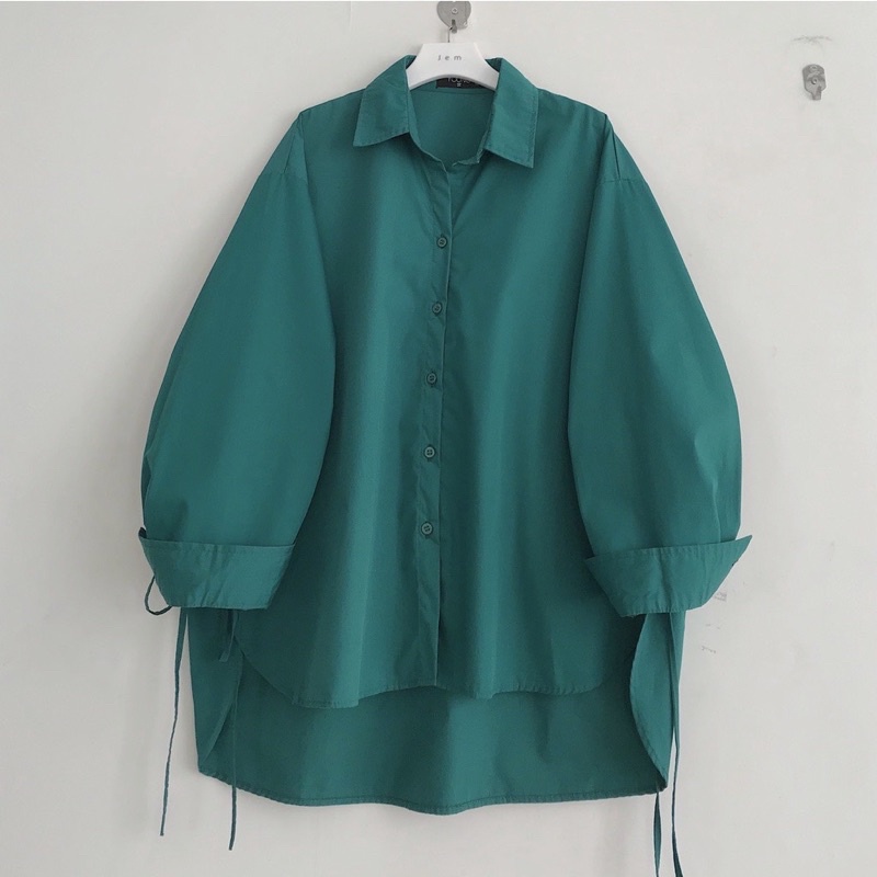 Áo Sơ Mi Nữ Đuôi Tôm Xẻ Vạt Màu Xanh-Áo Sơ Mi Nữ Form Rộng Thiết Kế Dây Buộc Bên Hông Lên Form Siêu Xinh