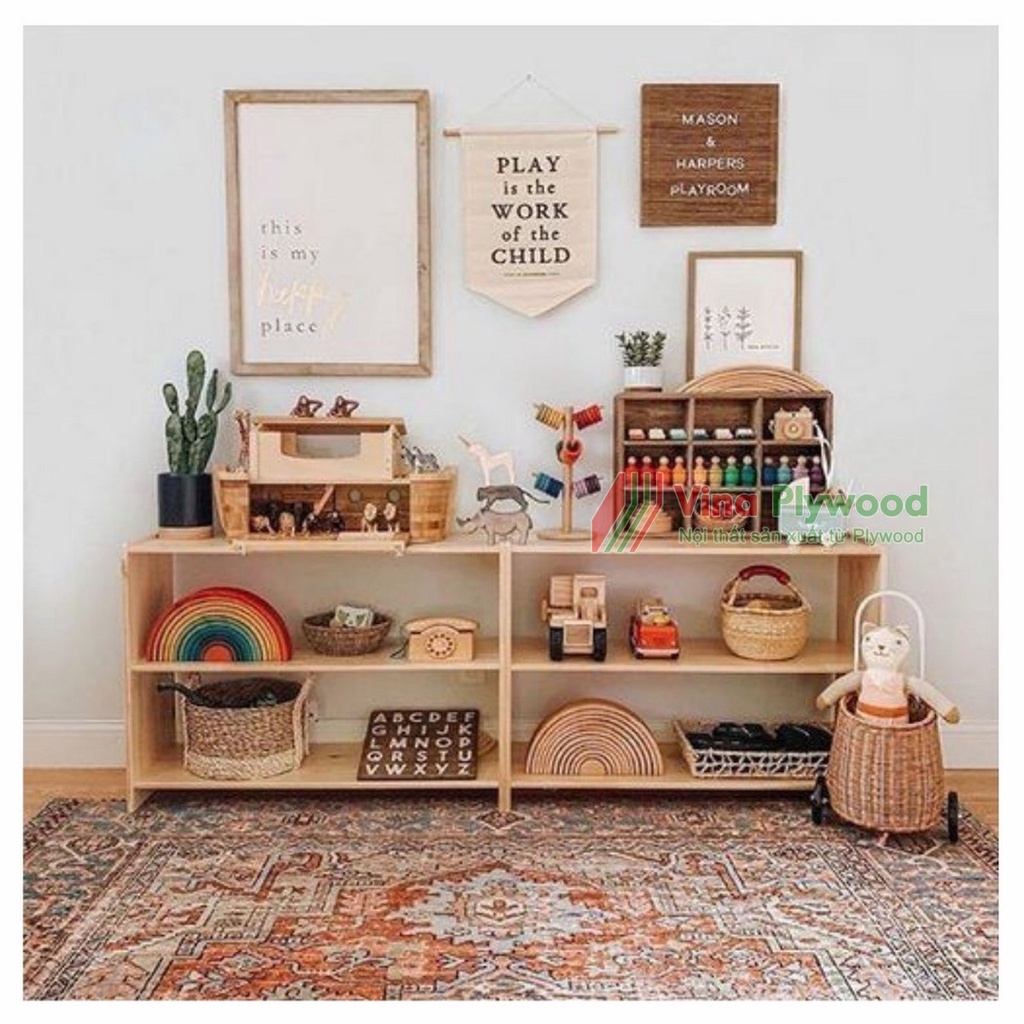 Kệ để đồ chơi montessori chất liệu plywood an toàn cho trẻ, gỗ đạt chuẩn Carb-p2