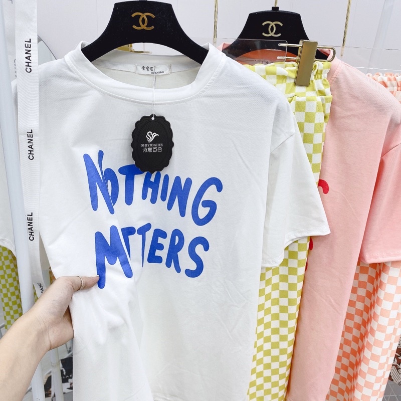 Set Bộ Quần Kẻ Caro Ống Rộng Dài Áo Phông Trắng Chữ