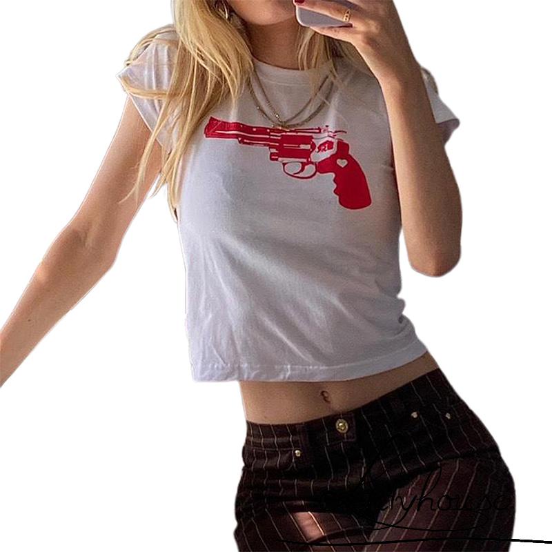 Áo Thun Crop Top Tay Ngắn Cổ Tròn In Họa Tiết Thời Trang Mùa Hè Dành Cho Nữ