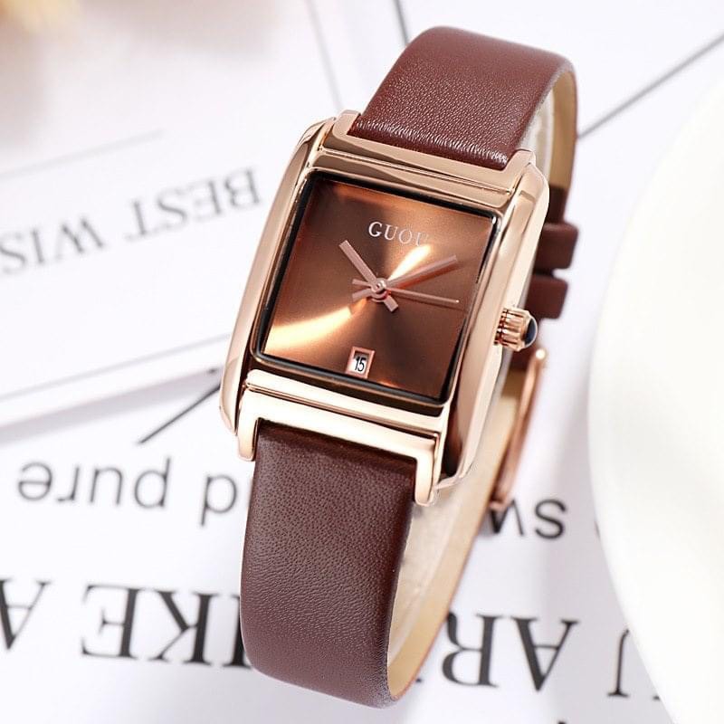 Đồng hồ nữ dây da cao cấp g.u.o.u màu nâu tây sáng tay , da mềm bền