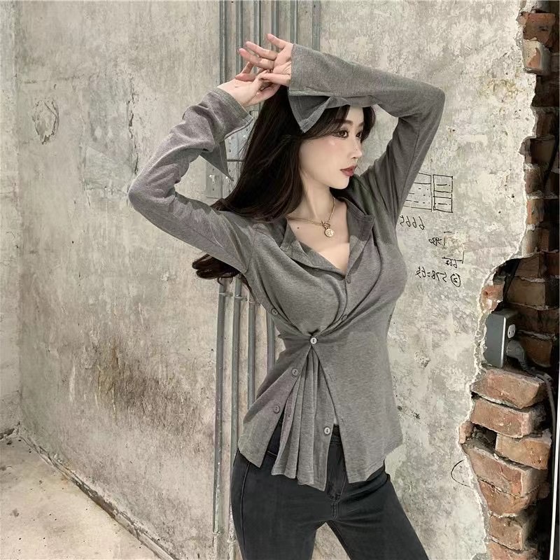 Áo tay dài xẻ tà thời trang mùa thu cá tính