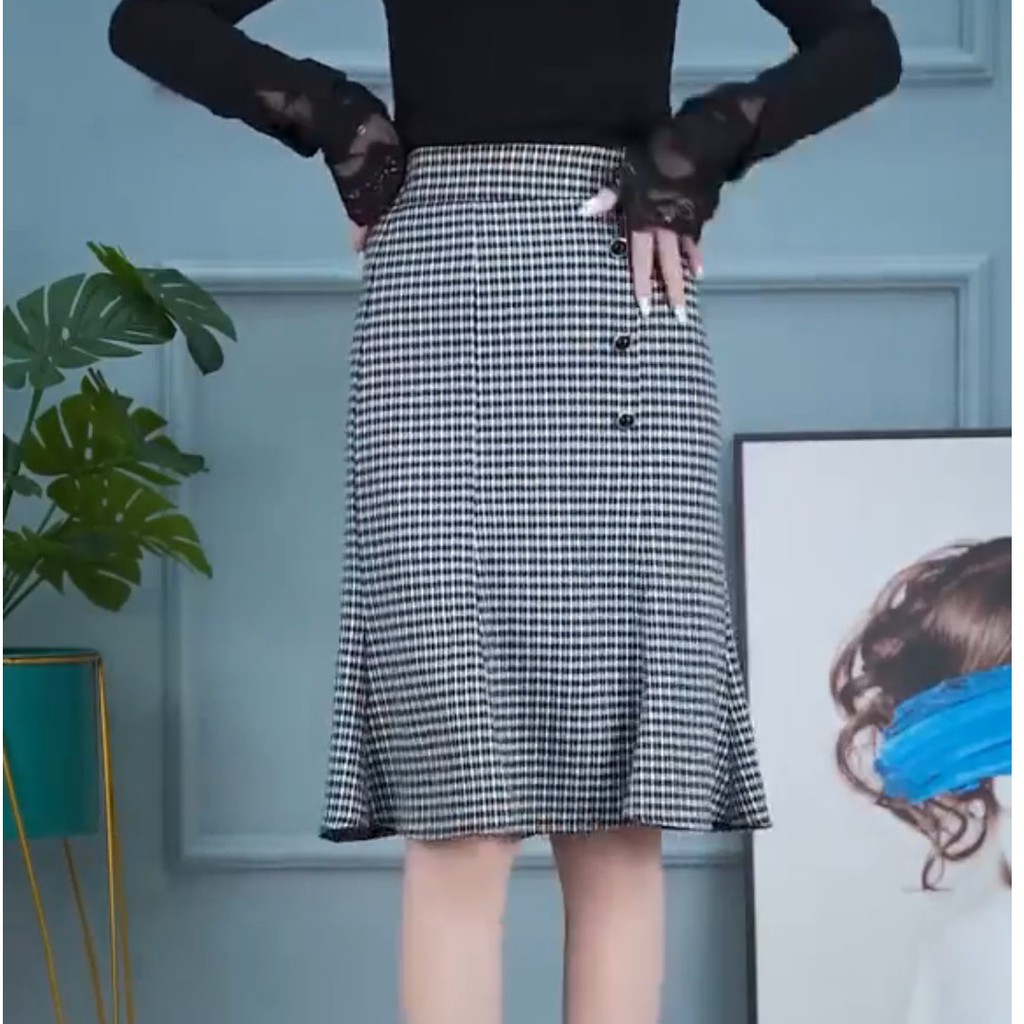 Chân Váy Dài, Váy Nữ Caro Đen Vintage Vải Mango Siêu Đẹp, Min clothing