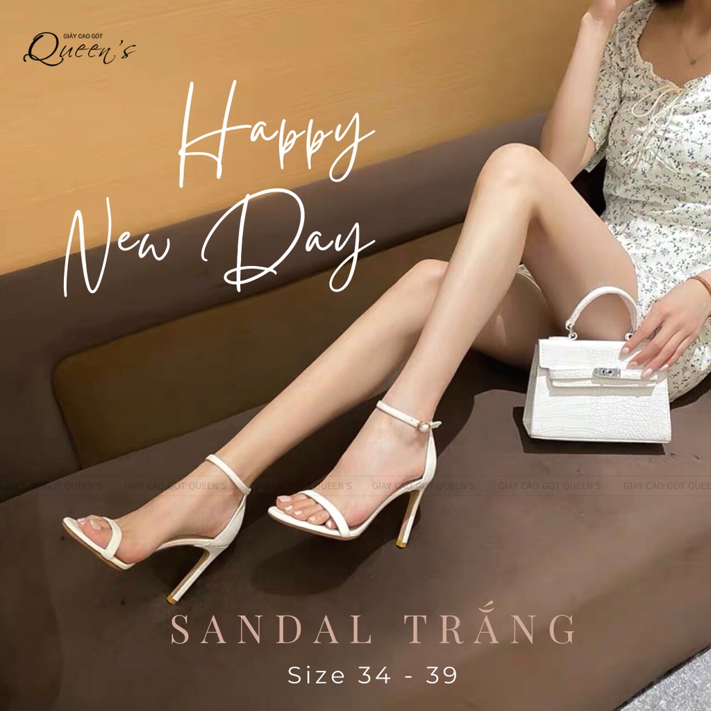 Giày Cao Gót Sandal Màu Trắng Dây Mảnh Bít Gót Mũi Nhọn Quai Sau Da Bóng Sang Trọng Cho Nữ Dự Tiệc Cưới Cao 9-11 Phân