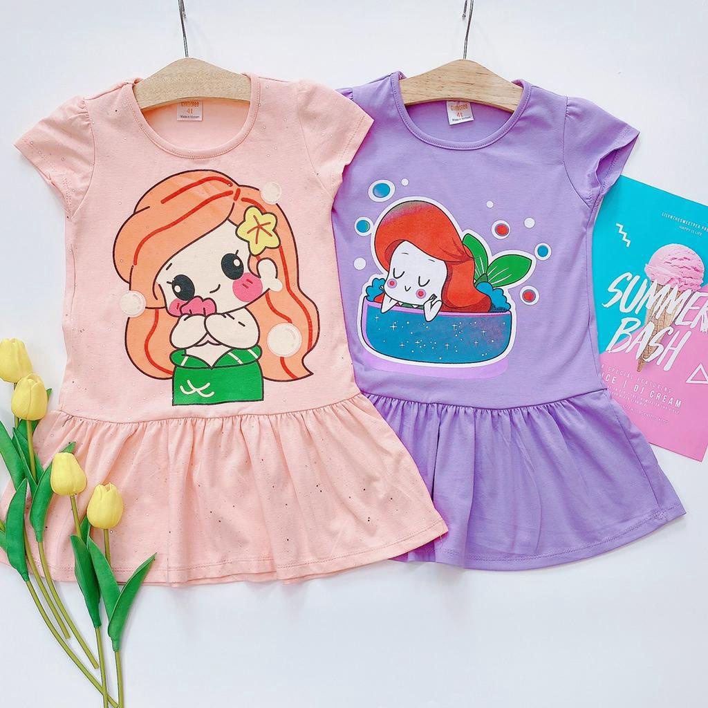 Váy bé gái tay ngắn in Tiên Cá size từ 14kg -37kg thun COTTON 4 Chiều - Mebena shop