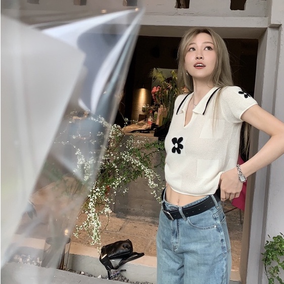 【Hana and Alice】Áo Thun POLO Dệt Kim Tay Ngắn Thiết Kế Trẻ Trung Cá Tính