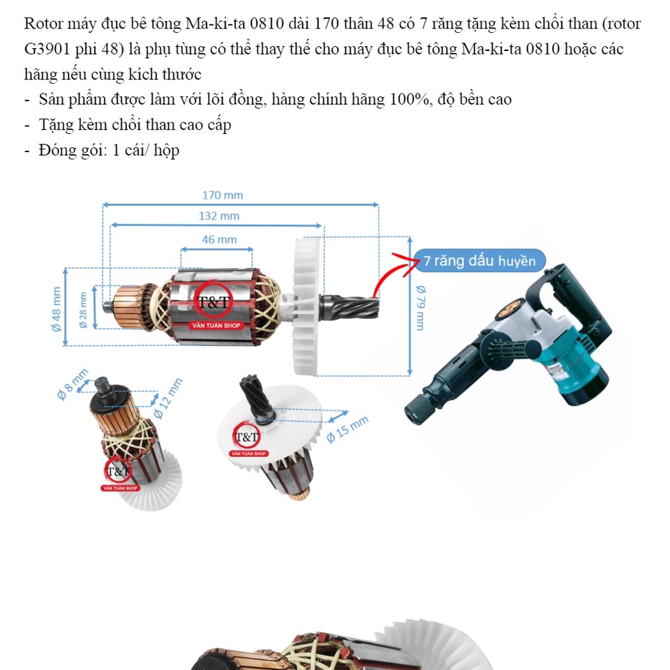 Rotor máy đục bê tông Makita 0810 dài 170 thân 48 có 7 răng suviet