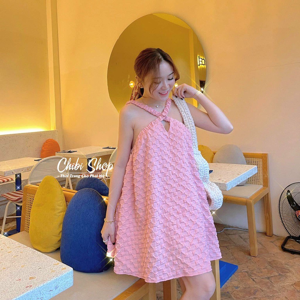 Đầm babydoll vintage đũi xốp cực đẹp, đầm tiểu thư babydoll 2 dây đan chéo dễ thương xinh xắn