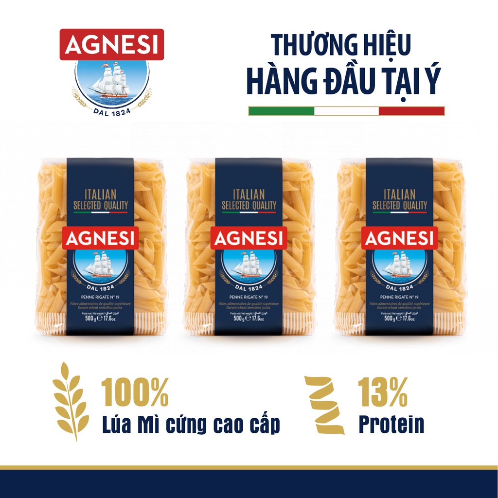 3 gói nui Penne Rigate Agnesi 500g/ gói, dùng lúa mì durum cao cấp giữ sốt, không gãy và dính