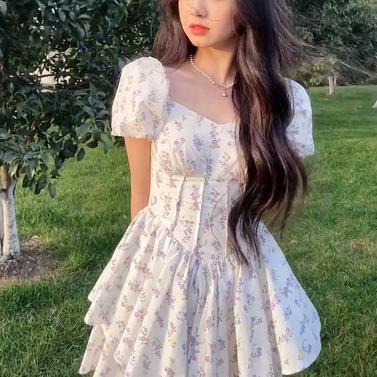Đầm IELGY tay ngắn cổ vuông họa tiết hoa xinh xắn dễ phối đồ cho nữ