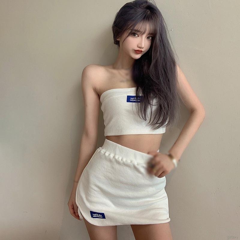 Bộ Áo Croptop Dáng Ôm + Chân Váy Ngắn Quyến Rũ Phong Cách Hàn Quốc