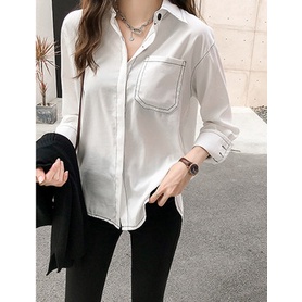 Áo sơ mi tay dài dáng rộng màu trơn phong cách Hồng Kông retro mới  cho nữ