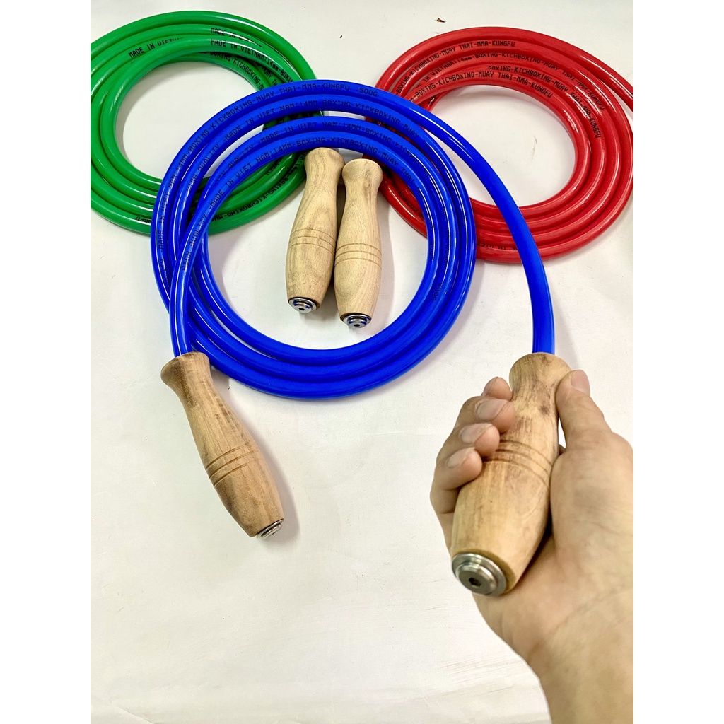 Dây Nhảy Võ Thuật cao su bản to 500g cán gỗ cao cấp rất nặng và tốn lực phù hợp giảm ký và võ thuật dài 2m8