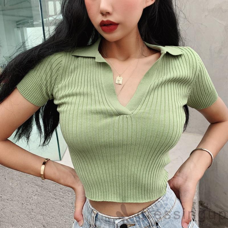 Áo Croptop Tay Ngắn Màu Trơn Thiết Kế Cổ Chữ V Độc Đáo Cá Tính Cho Nữ