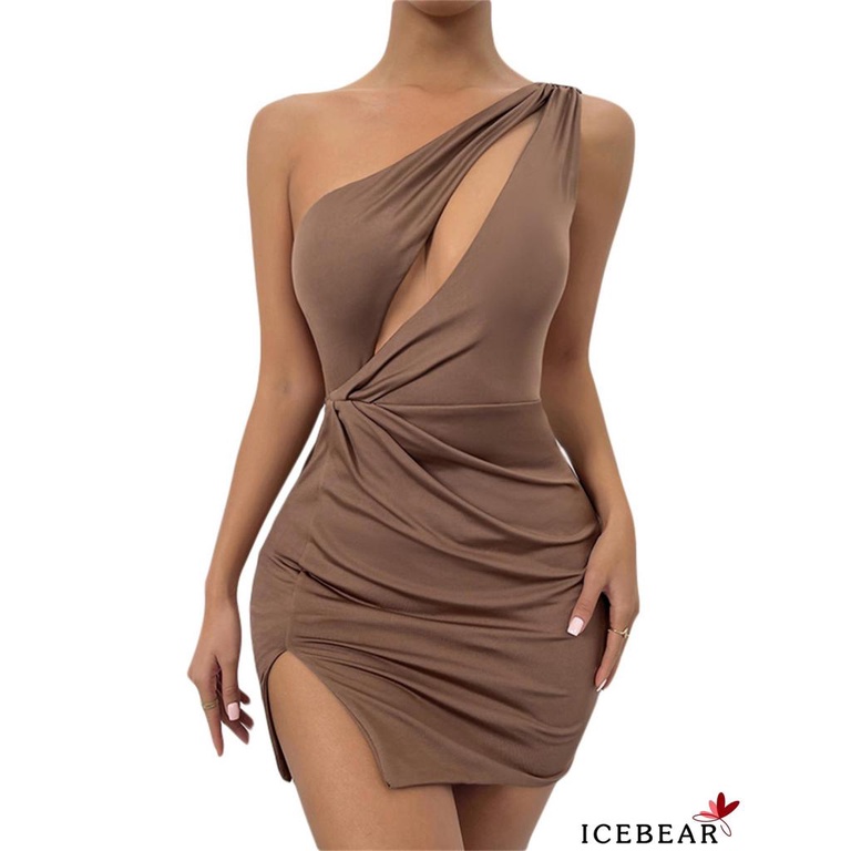 ICE-Women One Shoulder Dresses Solid Color Hollow Out Ruched Slit Bodycon Mini Short Dress for Beach, Date