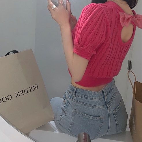 Áo Thun Dệt Kim Tay Ngắn Cổ Tròn Màu Trơn Thắt Nơ Thời Trang Cho Nữ