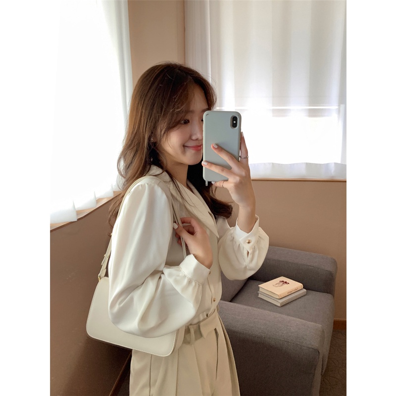 SUXI Áo sơ mi tay dài cổ chữ V màu sắc trẻ trung cho nữ