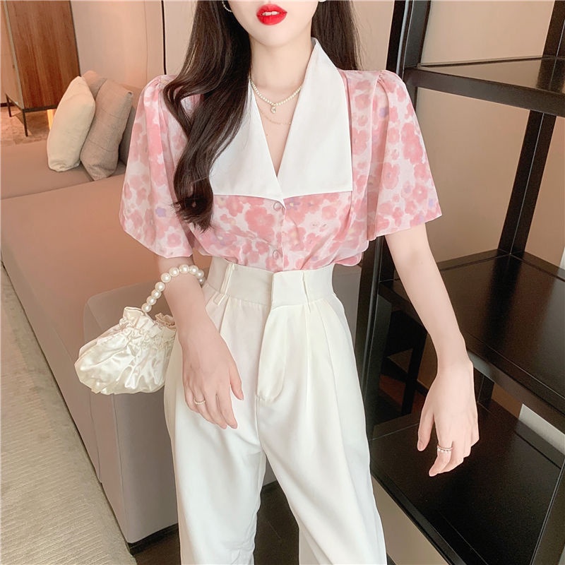 Áo Sơ Mi Chiffon Tay Phồng In Hoa Thời Trang Mùa Hè Hàng Mới Dành Cho Bạn Nữ