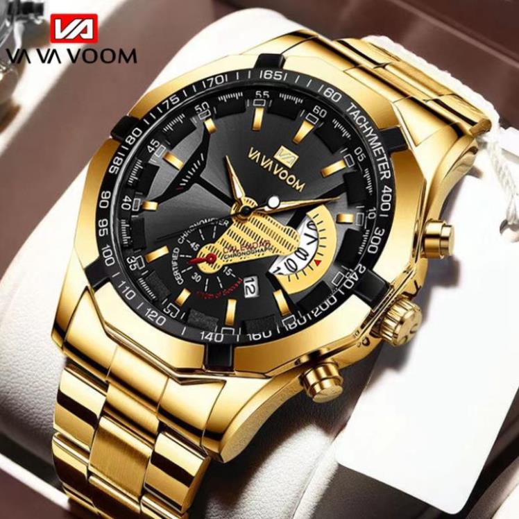 Đồng Hồ Nam Dây Thép Thương Hiệu Vava Voom Hiển Thị Lịch Chống Nước Mặt Đa Giác Độc Đáo