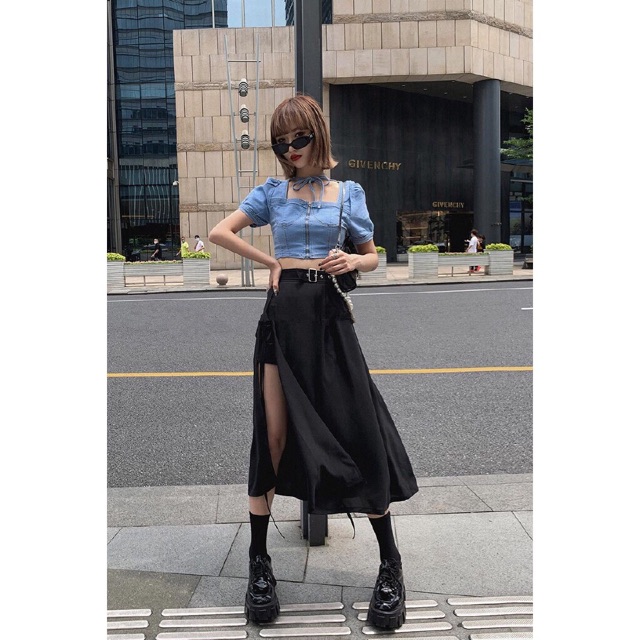 ] Chân váy xẻ đùi phối quần short và đai hot tiktok