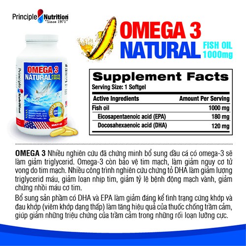 Viên uống bổ sung từ dầu cá tự nhiên OMEGA 3 NATURAL FISHOIL 1000MG PRINCIPLE NUTRITION USA