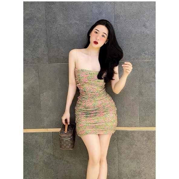 Váy body hai dây hoa nhí bo nhún