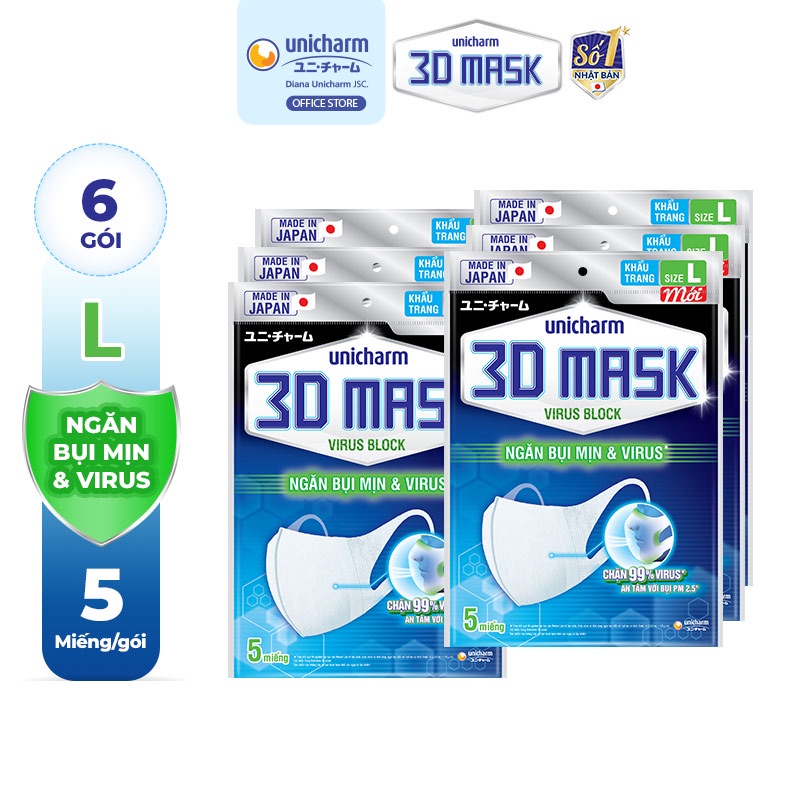 Bộ 6 Khẩu trang ngăn vi khuẩn Unicharm 3D Mask Virus Block size L gói 5 cái