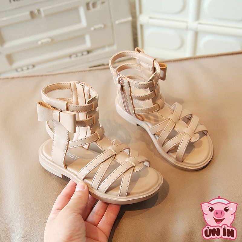 Giày sandal cho bé gái - Dép chiến binh cao cổ quai chéo kéo khóa phối Nơ đáng yêu phong cách Hàn Quốc cho bé MG6001