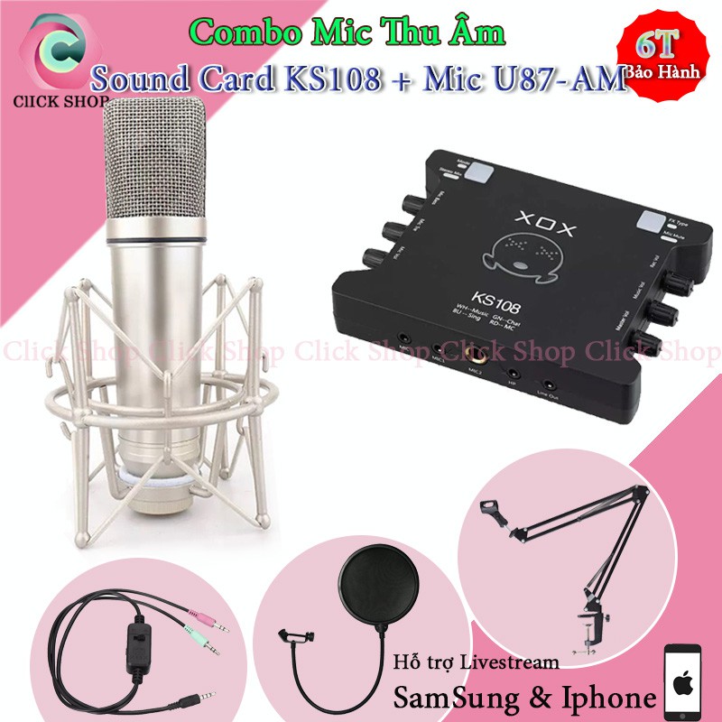 Bộ Mic Thu Âm Livestream Karaoke U87 MA và Sound Card XOX KS108 Bản Tiếng Anh Đi Kèm Chân Kẹp Màng Lọc Dây MA2