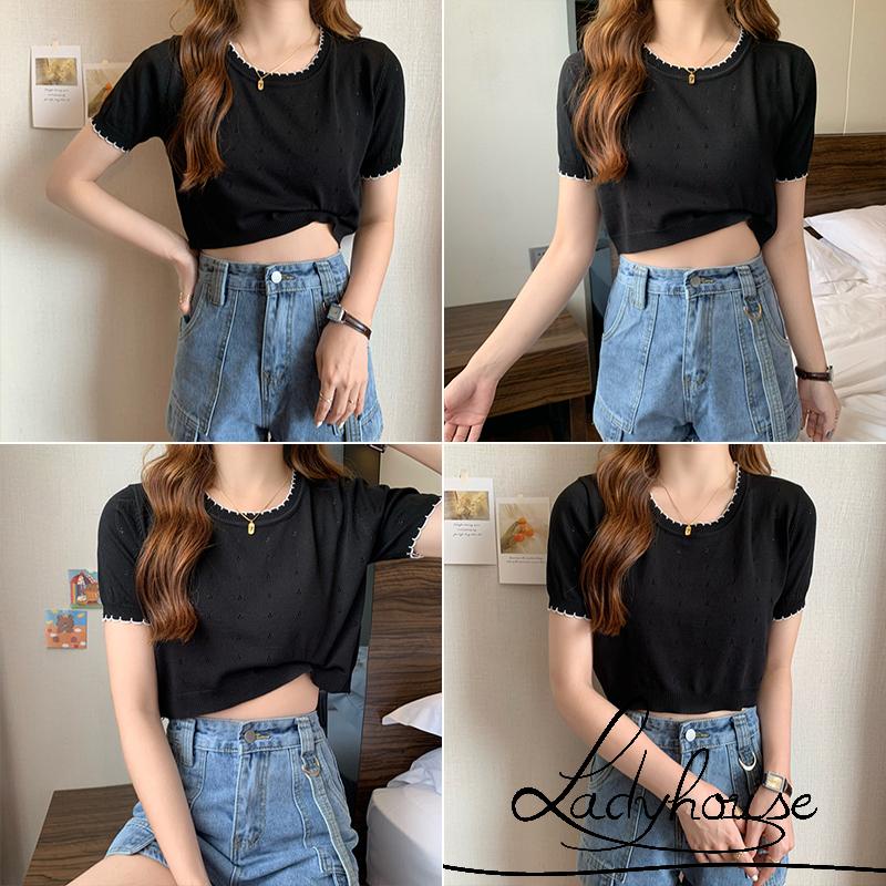 Áo Croptop Dệt Kim Tay Ngắn Cổ Tròn Màu Sắc Tương Phản Thời Trang Cho Nữ