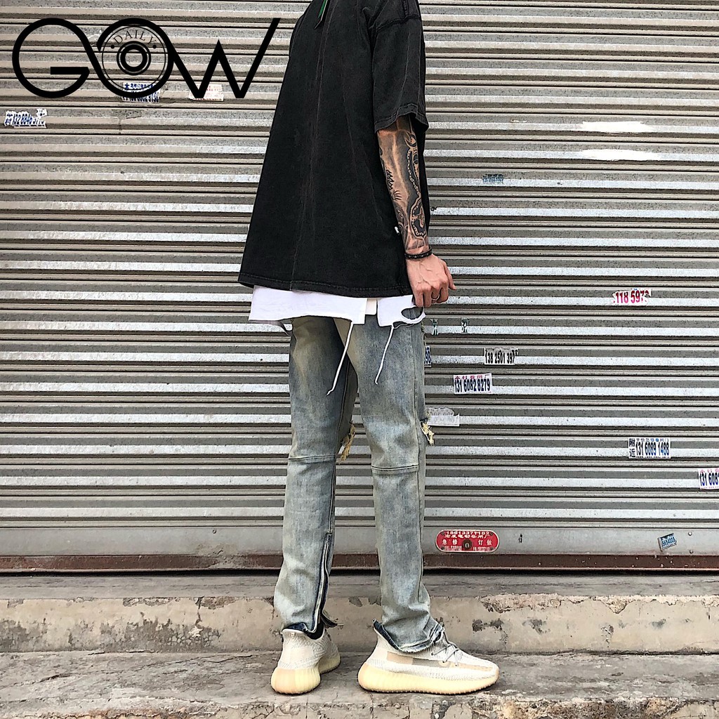 Quần jean nam Gowdaily phong cách streetwear có zipper rách gối kèm dây Drawstring Xanh D396 | BigBuy360 - bigbuy360.vn