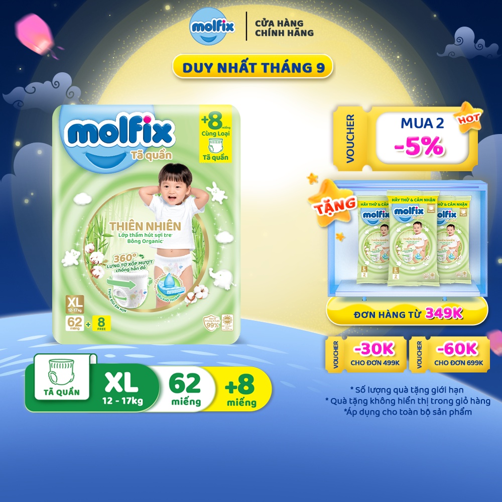 Tã quần thiên nhiên Molfix Ultra XL (12kg - 17kg) Gói 62+8 miếng