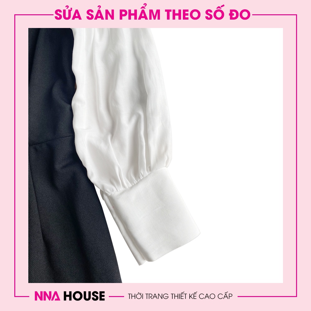 Đầm dài tay dự tiệc cao cấp cổ vuông tay dài - Váy đầm midi thiết kế phối đen trắng sang trọng lịch sự NNAHOUSE Mã NA222 | BigBuy360 - bigbuy360.vn