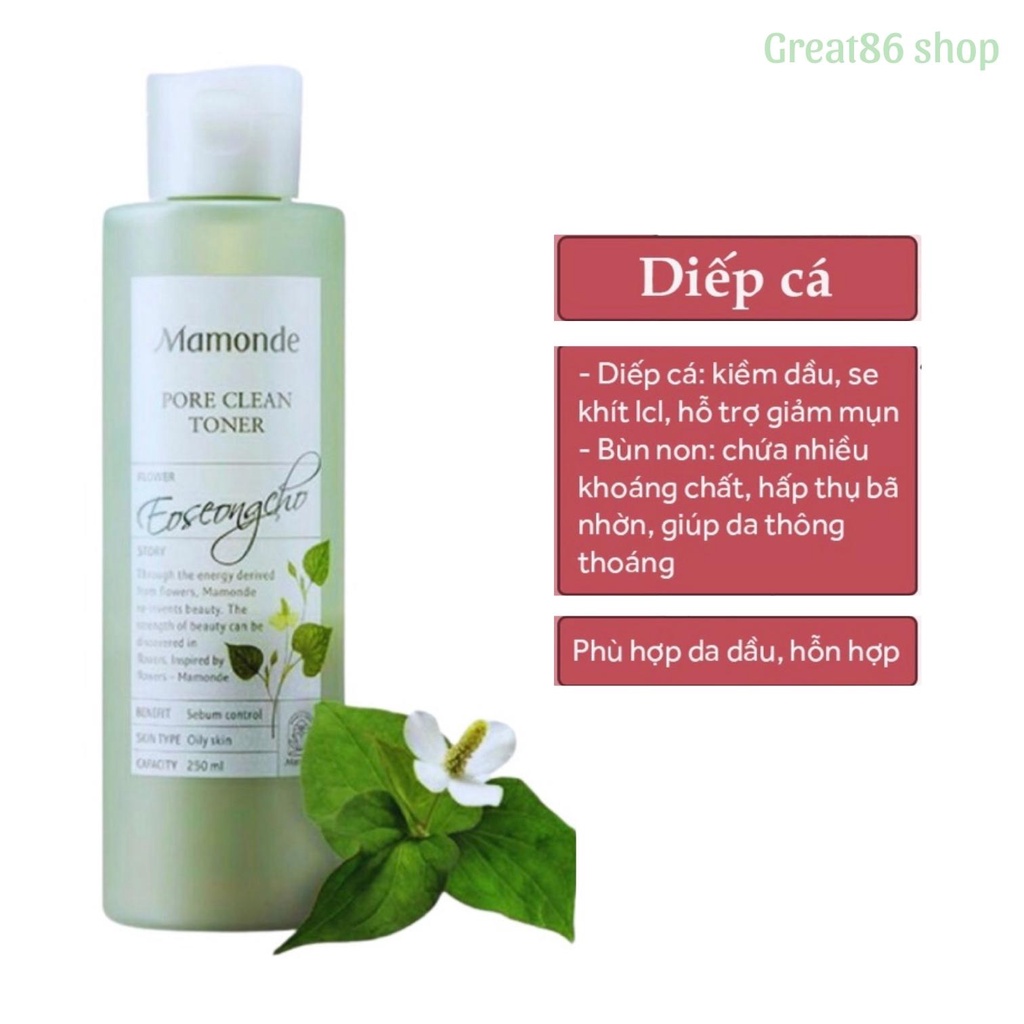 Nước hoa hồng mamonde great86 toner diếp cá se khít lỗ chân lông kiểm soát dầu chai 250ml