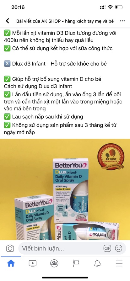 Vitamin D3 xịt, Vitamin xịt D+K2 Better you hàng chính hãng UK