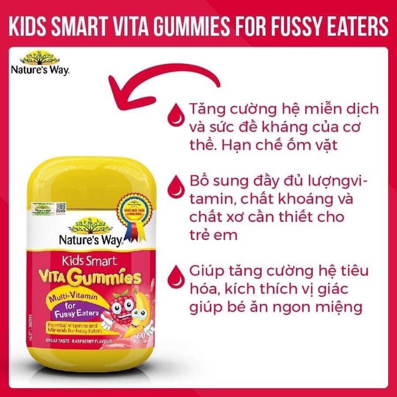 [CHÍNH HÃNG] Kẹo Dẻo Kids Smart Vita Gummies Multi Vitamin Nature’s Way Giúp Bé Ăn Ngon