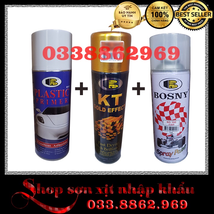 combo sơn mạ vàng nhũ kim tuyến cao cấp No.183 100% Gold  Kt gold Bosny, sơn ô tô, xe máy, trang trí, dung tích 200ml